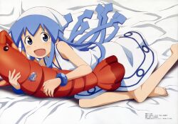  absurdres armlet bare_shoulders barefoot bed_sheet blue_bracelet blue_eyes blue_hair body_pillow bracelet dot_nose dress female hat highres holding honda_yoshino ikamusume jewelry legs long_hair looking_at_viewer lying mini-ikamusume mini_person minigirl official_art on_side on_stomach open_mouth pillow scan shinryaku!_ikamusume shrimp smile solo tentacle tentacle_hair toes white_dress white_hat 