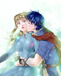  1boy bandages blonde_hair blue_hair bodysuit cape commentary_request female fire_emblem fire_emblem:_path_of_radiance headband highres hug hug_from_behind ike_(fire_emblem) metroid ponytail samus_aran super_smash_bros. wasabi_(legemd) zero_suit 