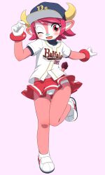  baseball_cap baseball_jersey blush buffalo_bell female furry gloves hat horns mascot nippon_professional_baseball open_mouth orix_buffaloes panties pink_hair pleated_skirt red_eyes short_hair simple_background skirt smile solo tail umi_no_tarako underwear white_panties wink 