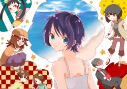  1boy 6+girls :3 :t araragi_karen araragi_tsukihi bare_shoulders black_eyes black_hair blue_eyes blush blush_stickers coffee coffee_mug commentary_request cup curry_gohan hachikuji_mayoi hair_ornament hat japanese_clothes kagenui_yozuru kaiki_deishuu kimono looking_back monogatari_(series) mug multiple_girls nisemonogatari open_mouth pink_eyes purple_hair sengoku_nadeko senjougahara_hitagi short_hair siblings sisters sitting smile twintails 