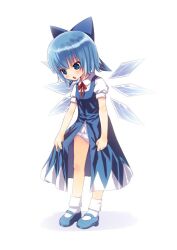  :o blue_dress blue_eyes blue_hair bow cirno commentary_request dress female full_body hairbow ice ice_wings kiira looking_down mary_janes panties pantyshot photoshop_(medium) pinafore_dress shoes simple_background sleeveless sleeveless_dress solo touhou underwear white_background white_panties wings 