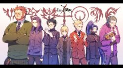  2girls 5boys anger_vein artoria_pendragon_(fate) assassin_(fate/zero) beard blonde_hair book command_spell commentary_request cosplay costume_switch cross dark-skinned_female dark_skin diarmuid_ua_duibhne_(lancer)_(fate) emiya_kiritsugu emiya_kiritsugu_(cosplay) facial_hair fate/zero fate_(series) female_assassin_(fate/zero) formal gilgamesh_(fate) gilles_de_rais_(caster)_(fate) highres hunchback iskandar_(fate) kayneth_el-melloi_archibald kayneth_el-melloi_archibald_(cosplay) kotomine_kirei kotomine_kirei_(cosplay) lancelot_(fate/zero) letterboxed long_hair mask matou_kariya matou_kariya_(cosplay) mika_(1020mk) multiple_boys multiple_girls ponytail purple_hair red_hair saber_(fate) suit tohsaka_tokiomi tohsaka_tokiomi_(cosplay) uryuu_ryuunosuke uryuu_ryuunosuke_(cosplay) waver_velvet waver_velvet_(cosplay) 