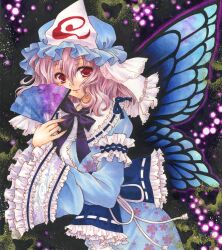  aoi_yuuka_(ao_no_kokoro) blue_wings breasts bug butterfly butterfly_wings colored_pencil_(medium) commentary_request dress female folding_fan hand_fan hat insect_wings lips medium_breasts open_mouth pink_hair red_eyes ribbon saigyouji_yuyuko short_hair smile solo touhou traditional_media triangular_headpiece veil wings 