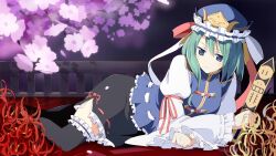  aqua_eyes black_thighhighs blue_eyes cherry_blossoms commentary_request female flower frilled_thighhighs frills hat jpeg_artifacts lying on_side red_flower ribbon rod_of_remorse shiki_eiki short_hair skirt solo spider_lily thighhighs touhou wara_(warapro) yellow_flower yellow_spider_lily 