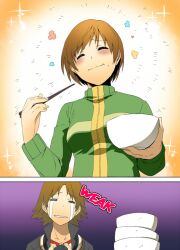  1boy :t =_= bad_id bad_pixiv_id blush bowl brown_hair chopsticks closed_eyes eating female foodgasm hanamura_yousuke happy inuzuka_bouru jacket persona persona_4 satonaka_chie short_hair smile tears track_jacket wallet 