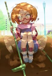  ! bad_id bad_pixiv_id blush dappled_sunlight embarrassed eyelashes female glasses moudoku_(decopon3rd) orange_eyes orange_hair precure red-framed_eyewear red_legwear shirabe_ako short_hair sitting solo stilts strap_slip suite_precure sunlight translation_request 