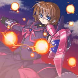  blue_eyes brown_hair cloud commentary_request dress energy_ball female fingerless_gloves gauntlets gloves inabatei_(amana) luciferion lyrical_nanoha mahou_shoujo_lyrical_nanoha mahou_shoujo_lyrical_nanoha_a&#039;s mahou_shoujo_lyrical_nanoha_a&#039;s_portable:_the_battle_of_aces short_hair solo staff stern_the_destructor 