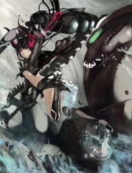  bikini bikini_top_only black_gold_saw black_hair black_rock_shooter black_shorts boots commentary_request female flaming_eye highres horns huge_weapon jacket king_saw knee_boots long_hair midriff nyami photoshop_(medium) red_eyes shorts solo swimsuit sword weapon 