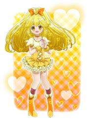  :d blonde_hair boots bow choker cokata color_connection commentary_request cosplay cure_peace cure_pine cure_pine_(cosplay) female fresh_precure! frills full_body hair_flaps hair_ornament hairbow heart heart_background heart_hair_ornament heart_hands in-franchise_crossover long_hair magical_girl open_mouth orange_bow orange_choker photoshop_(medium) precure skirt smile smile_precure solo wide_ponytail wrist_cuffs yayoi_kise yellow_background yellow_eyes yellow_skirt yellow_theme 