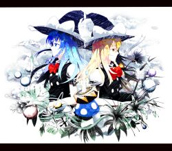  2girls alternate_hair_color bad_id bad_pixiv_id blonde_hair blue_eyes blue_hair bow braid dress dual_persona hat hat_bow hidaka_kouyou highres kirisame_marisa letterboxed long_hair multiple_girls mushroom single_braid touhou witch_hat yellow_eyes 