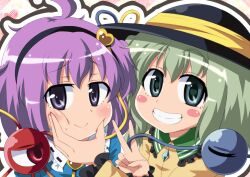  2girls blush_stickers cheek_squash close-up closed_mouth commentary_request eyeball forced_smile green_eyes green_hair grin hairband hat heart heart-shaped_pupils komeiji_koishi komeiji_satori multiple_girls purple_eyes purple_hair siblings sisters smile super_masara symbol-shaped_pupils third_eye touhou v 