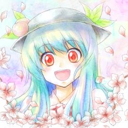  blue_hair blush commentary faux_traditional_media female flower food fruit hat hinanawi_tenshi long_hair making-of_available open_mouth peach petals portrait red_eyes shimada_(simada_bu) solo touhou 