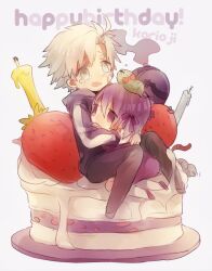  1boy aged_down asuda cake candle chibi commentary_request crest_worm drinking_straw fate/zero fate_(series) female food grey_eyes grey_hair heterochromia hood hoodie lolicon matou_kariya matou_sakura purple_eyes purple_hair tears uncle_and_niece worm 