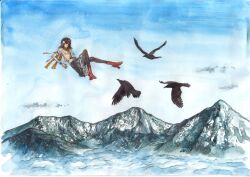  bad_id bad_pixiv_id bird black_hair black_pantyhose crow female geta kobuushi mountain painting_(medium) pantyhose photoshop_(medium) scarf shameimaru_aya short_hair solo touhou traditional_media watercolor_(medium) 