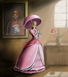  blonde_hair blue_eyes dress facial_hair hat mario mario_(series) moustache mushroom nintendo overalls painting piranha_plant plant princess_peach super_mario_bros. umbrella 