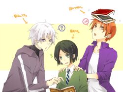  3boys balancing balancing_on_head black_eyes book book_on_head commentary_request fate/zero fate_(series) green_eyes green_hair holding holding_book iyu_(panna) male_focus matou_kariya multiple_boys necktie object_on_head open_book orange_hair pointing purple_eyes reading uryuu_ryuunosuke waver_velvet white_eyes white_hair 