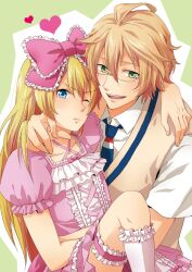  2boys ayasaki_sakura blonde_hair blue_eyes blush commentary_request crossdressing dress glasses green_eyes hair_ribbon kurusu_shou long_hair male_focus multiple_boys necktie one_eye_closed open_mouth otoko_no_ko photoshop_(medium) ribbon shinomiya_natsuki_(uta_no_prince-sama) smile uta_no_prince-sama vest 