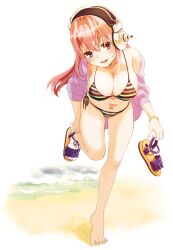  bad_id bad_pixiv_id barefoot beach bikini breasts cleavage commentary_request female full_body headphones holding holding_shoes izumi_(sachikara) large_breasts long_hair navel nitroplus open_mouth photoshop_(medium) pink_hair putting_on_shoes red_eyes removing_shoes sandals shoes single_shoe solo striped_bikini striped_clothes super_sonico swimsuit 