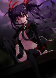  black_thighhighs breasts female frills hair_ornament hair_ribbon jacket leg_up medium_breasts midriff navel necktie open_mouth red_eyes ribbon sitting skull_hair_ornament smile solo sword_girls thighhighs twintails ubina underboob undertaker_(sword_girls) 