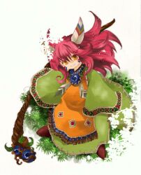  1other androgynous commentary_request feather_hair_ornament feathers hair_ornament jewelry kahuemoka long_hair necklace popoi_(seiken_densetsu_2) red_hair seiken_densetsu seiken_densetsu_2 solo staff tabard tunic yellow_eyes 