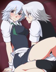  2girls blue_eyes blush braid commentary_request dual_persona izayoi_sakuya multiple_girls neko_majin no_headwear red_eyes short_hair sitting skirt smile touhou twin_braids white_hair 