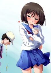  1boy bad_id bad_pixiv_id baseball_cap black_hair blush blush_stickers bob_cut botomu_(eschatology) character_doll danshi_koukousei_no_nichijou doll female habara_(danshi_koukousei) hat heart hug hug_from_behind hugging_doll hugging_object karasawa_toshiyuki necktie photoshop_(medium) profile school_uniform serafuku vomiting 