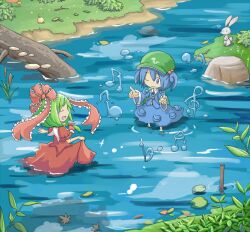  2girls backpack bag blue_eyes blue_hair bush chibi closed_eyes commentary_request dress front_ponytail green_hair hair_bobbles hair_ornament hair_ribbon hat kagiyama_hina kaminendo kawashiro_nitori key leaf lily_pad multiple_girls mushroom musical_note one_eye_closed rabbit ribbon rock short_twintails touhou tree twintails two_side_up water 