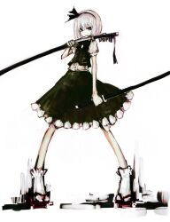  akasia bow commentary_request dress dual_wielding female geta green_eyes hairbow holding konpaku_youmu scabbard sheath sheathed short_hair solo sword touhou unsheathing weapon white_hair 