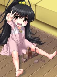  bad_id bad_pixiv_id barefoot black_hair brown_eyes dress feet female high_ponytail highres ishibashi lolicon long_hair on_floor open_mouth papa_no_iu_koto_wo_kikinasai! ponytail sitting soles solo takanashi_hina toy_block v 