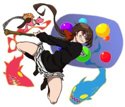  a_(kyousougiga) attack black_socks bow brown_hair commentary_request female grin hairbow hammer holding jumping kneehighs koto_(kyousougiga) kyousougiga long_hair looking_at_viewer open_mouth ponytail red_eyes school_uniform serafuku shikigami shoes skirt smile socks solo stuffed_toy sweater transparent_background un_(kyousougiga) weapon yanushi yellow_eyes 