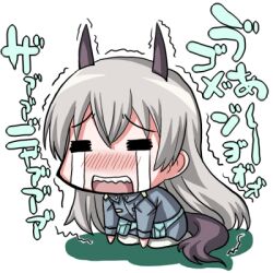  animal_ears chibi crying eila_ilmatar_juutilainen female japanese kneeling lowres military military_uniform military_unifrom pantyhose streaming_tears strike_witches tail tears translation_request trembling uniform white_legwear 