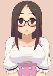  breasts brown_eyes brown_hair female glasses highres large_breasts long_hair open_mouth original oza_watto solo waitress 