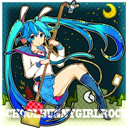  animal_ears aqua_eyes aqua_hair bad_id bad_pixiv_id broom digital_media_player female hatsune_miku headphones kneehighs long_hair necktie rabbit_ears sailor_collar_lift school_uniform serafuku sitting skirt socks solo twintails umu_(um) very_long_hair vocaloid 