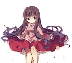  bad_id bad_pixiv_id brown_eyes brown_hair female houraisan_kaguya long_hair lowres pf photoshop_(medium) simple_background sitting skirt sleeves_past_wrists smile solo touhou white_background 