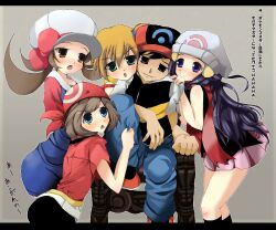  4girls alternate_costume ass back bandana baseball_cap beanie bike_shorts black_hair blue_eyes blue_hair blush bow brown_eyes brown_hair chair dawn_(pokemon) dress fingerless_gloves footwear from_behind girl_sandwich gloves green_eyes gym_leader hair_ornament hairbow harem haruka_(pokemon) hat hips hug hug_from_behind kasumi_(pokemon) kotone_(pokemon) lolicon long_hair looking looking_at_viewer multiple_girls nintendo open_mouth orange_hair pimp pokemon pokemon_(anime) pokemon_(game) pokemon_bw pokemon_dppt pokemon_gsc pokemon_hgss pokemon_rgby pokemon_rse ponytail rakkogawa_rinro ribbon sandwiched satoshi_(pokemon) scarf short_hair shorts side_ponytail sitting skirt smile socks thighhighs thighs throne translation_request twintails wide_hips 