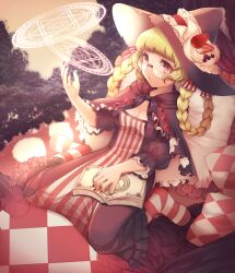  blonde_hair book braid breasts capelet checkered cleavage commentary_request dress earrings female food fruit glasses hat highres jewelry lips long_hair magic_circle momoshiki_tsubaki nail_polish open_book original pantyhose pillow pink_eyes red_eyes sitting small_breasts solo strawberry striped_clothes striped_dress striped_pantyhose twin_braids vertical_stripes witch witch_hat 