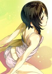  arched_back back black_hair breasts camisole commentary_request downblouse downpants female from_above looking_back maeda_kanon midriff panties photokano photoshop_(medium) shimotsuki_eight short_hair shorts sitting small_breasts solo underwear wariza 