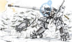  assault_rifle bad_id bad_pixiv_id cannon commentary dakku_(ogitsune) female gun magic_circle mecha military military_vehicle motor_vehicle non-humanoid_robot original panties panties_under_pantyhose pantyhose photoshop_(medium) pile_bunker reverse-jointed_legs rifle robot snow stg44 tank tiger_ii underwear walker_(robot) weapon white_hair world_witches_series 