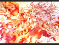  bow clenched_teeth commentary_request female fiery_background fire fujiwara_no_mokou gradient hairbow highres letterboxed long_hair solo teeth touhou unbuttoned white_hair yukimaru_nun 