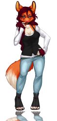  anthro blue_eyes boots bottomwear brown_hair canid canine clothing denim denim_bottomwear denim_clothing estelle female footwear fox fur green_eyes hair jeans looking_at_viewer mammal orange_body orange_fur pants red_fox shoes smile solo topwear true_fox uni vest wide_hips 