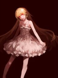  bakemonogatari bare_shoulders blonde_hair collarbone commentary_request female head_tilt highres junwool long_hair monogatari_(series) oerba_yun_fang oshino_shinobu red_background red_eyes simple_background skirt smile solo very_long_hair white_skirt 