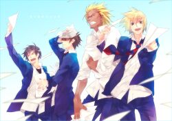  4boys bad_id bad_pixiv_id baseball_cap black_hair blonde_hair brown_eyes brown_hair danshi_koukousei_no_nichijou facial_hair hat highres hiramatsu_(rama) karasawa_toshiyuki motoharu_(danshi_koukousei) multiple_boys necktie paper paper_airplane photoshop_(medium) president_(danshi_koukousei) school_uniform short_hair striped striped_necktie stubble vice_president_(danshi_koukousei) 