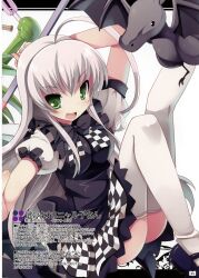  ahoge artist_request bad_link breasts checkered_clothes checkered_skirt commentary dragon dress female green_eyes grey_hair haiyore!_nyaruko-san highres leg_up medium_breasts nyarlathotep_(nyaruko-san) photoshop_(medium) shantak_(nyaruko-san) skirt thighhighs 