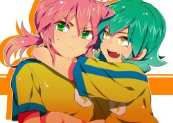  2boys :d akishima_kei bad_id bad_pixiv_id green_eyes green_hair hug inazuma_eleven_(series) inazuma_eleven_go kariya_masaki kirino_ranmaru male_focus multiple_boys oerba_yun_fang open_mouth pink_hair smile soccer_uniform sportswear twintails yaoi yellow_eyes 