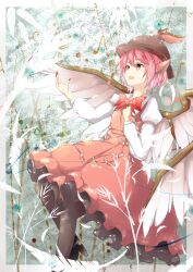  :d animal_ears bad_id bad_pixiv_id bow dress feathered_wings female hat hidaka_kouyou highres musical_note mystia_lorelei open_mouth pantyhose pink_eyes pink_hair smile solo touhou wings 