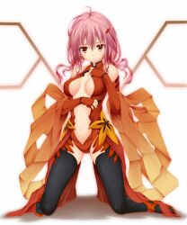  bad_id bad_pixiv_id black_thighhighs center_opening female fingerless_gloves gloves guilty_crown hair_ornament hairclip kneeling leotard navel pink_hair red_hair red_leotard ribucci short_hair solo thighhighs yuzuriha_inori 