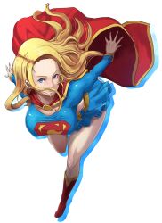  animification belt blonde_hair blue_eyes boots breasts butcha-u cape commentary_request covered_nipples dc_comics female hanging_breasts large_breasts long_hair looking_at_viewer md5_mismatch midriff photoshop_(medium) shirt skirt solo supergirl superman_(series) taut_clothes taut_shirt 