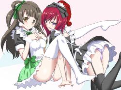  2girls :d between_legs black_hair black_thighhighs blush bow commentary_request garter_straps hairbow holding_hands interlocked_fingers long_hair long_legs looking_at_viewer love_live! love_live!_school_idol_project maid marugoshi_teppei minami_kotori mogyutto_&quot;love&quot;_de_sekkin_chuu! multiple_girls nishikino_maki no_shoes open_mouth panties pantyshot photoshop_(medium) purple_eyes red_hair smile thighhighs underwear white_panties white_thighhighs yellow_eyes 