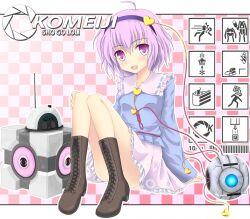  aperture_science_weighted_companion_cube bad_id bad_pixiv_id blush boots cake crossover eyeball female food hairband heart highres komeiji_satori noveske_n4 open_mouth personality_core photoshop_(medium) pink_eyes pink_hair portal_(series) portal_1 short_hair smile solo third_eye touhou wheatley 