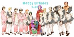  2girls 6+boys aged_down alternate_costume artoria_pendragon_(fate) assassin_(fate/zero) birthday commentary_request crossdressing diarmuid_ua_duibhne_(lancer)_(fate) emiya_kiritsugu enmaided everyone fate/zero fate_(series) gilgamesh_(fate) gilles_de_rais_(caster)_(fate) height_difference highres iskandar_(fate) japanese_clothes kayneth_el-melloi_archibald kimono kotomine_kirei lancelot_(fate/zero) maid maid_headdress mary_janes matou_kariya matou_sakura multiple_boys multiple_girls pantyhose pinki_(shounenkakuseiya) purple_hair saber_(fate) sandals shoes tabi tohsaka_tokiomi uryuu_ryuunosuke waver_velvet white_hair white_legwear 